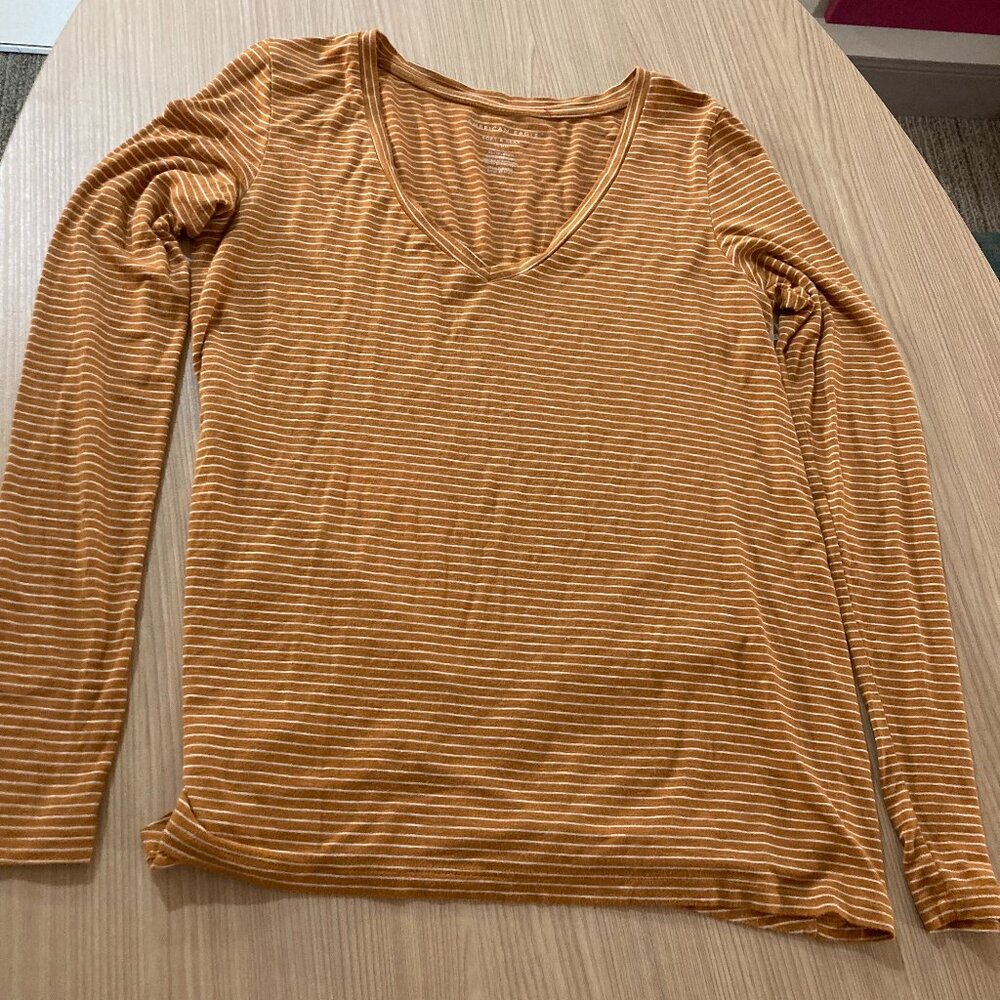 American Eagle Soft & Sexy Slub V Neck XS Xtra Small Long Sleeve T Shirt Brown